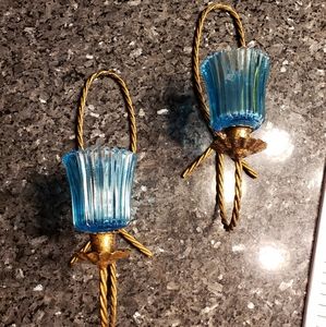 2 PICS BLUE GLASS AND CANDLE HOLDER